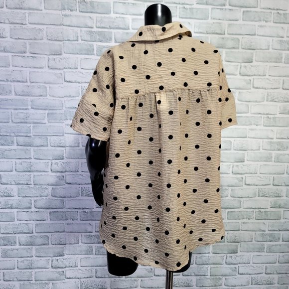 Mododoc Womens S Tan Black Polka Dot Gauze‎ Knit Button Front Oversized Popover - Picture 4 of 6